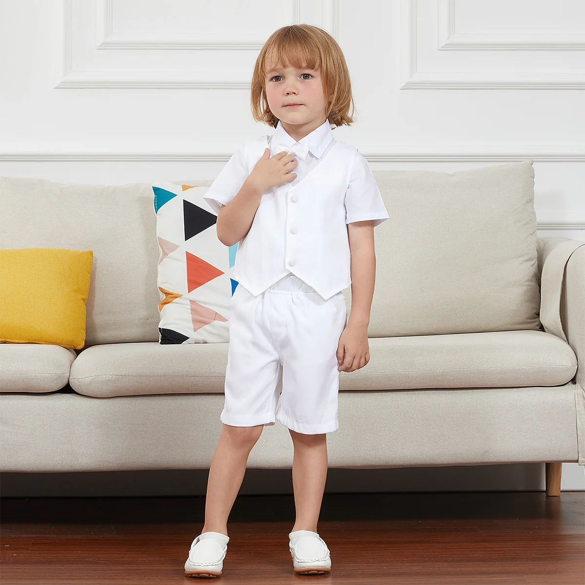 Christening Outfit for A Boy White Wedding Suits Set Baptism Brithday Party Cloting Short Sleeved Shorts Gentleman Costume 3PCS