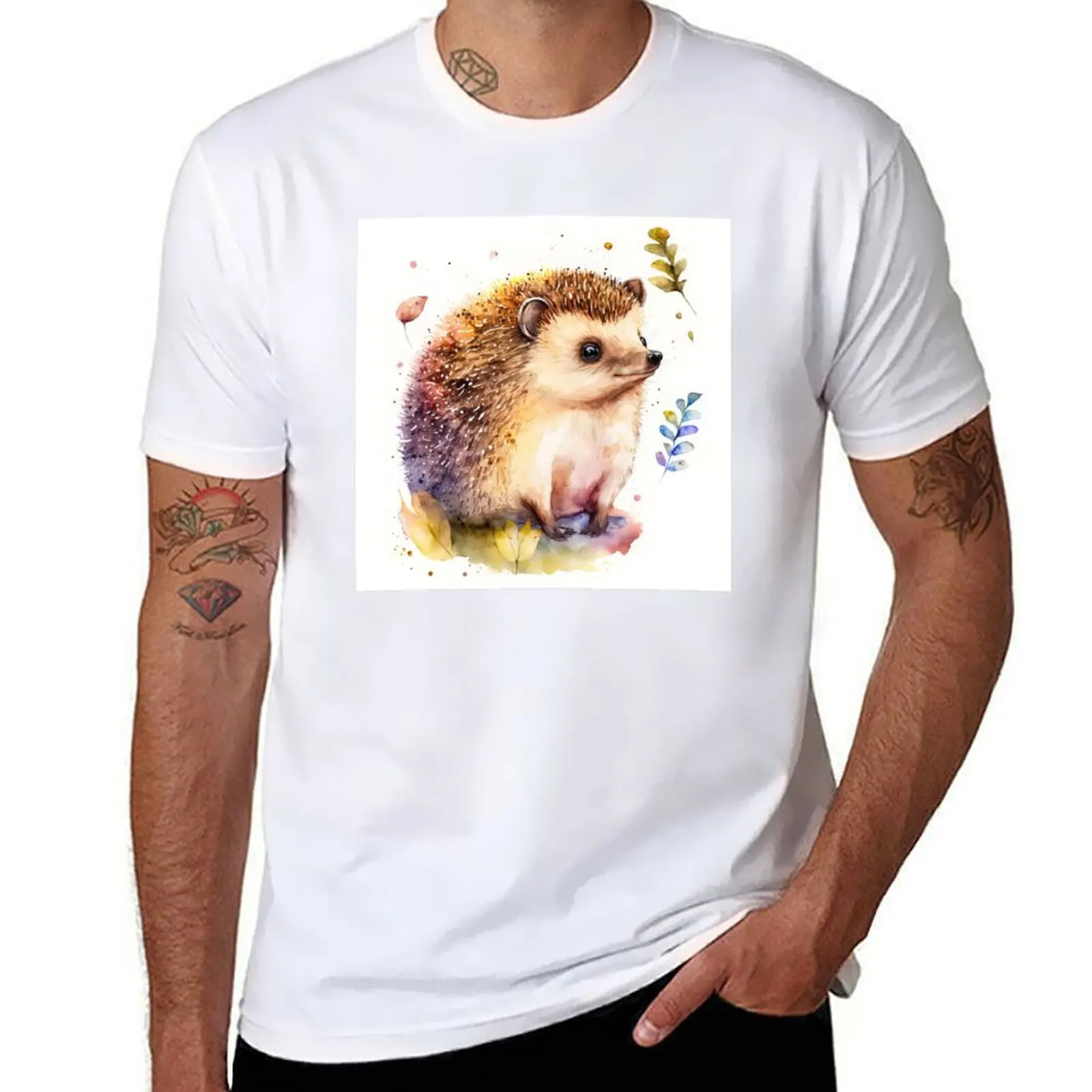 Watercolor Cute Baby Hedgehog, Colorful Hedgehog Piglet T-Shirt cotton graphic tees Personalized t-shirt shirts men