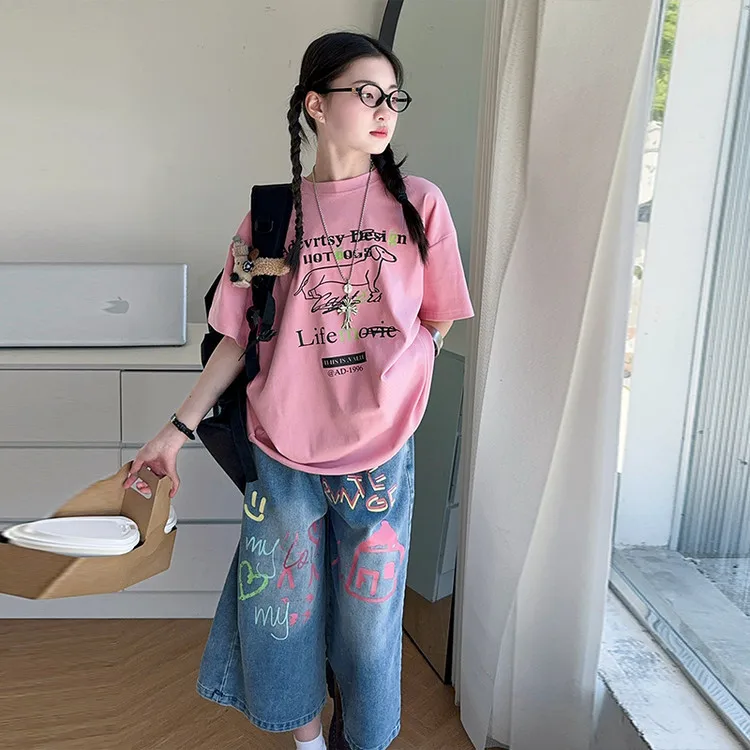 Summer teen girls shorts Set cartoon dog T-shirt Top+tie-dye Wide Leg short denim Pants 2pcs junior kids suit Childrens outfits