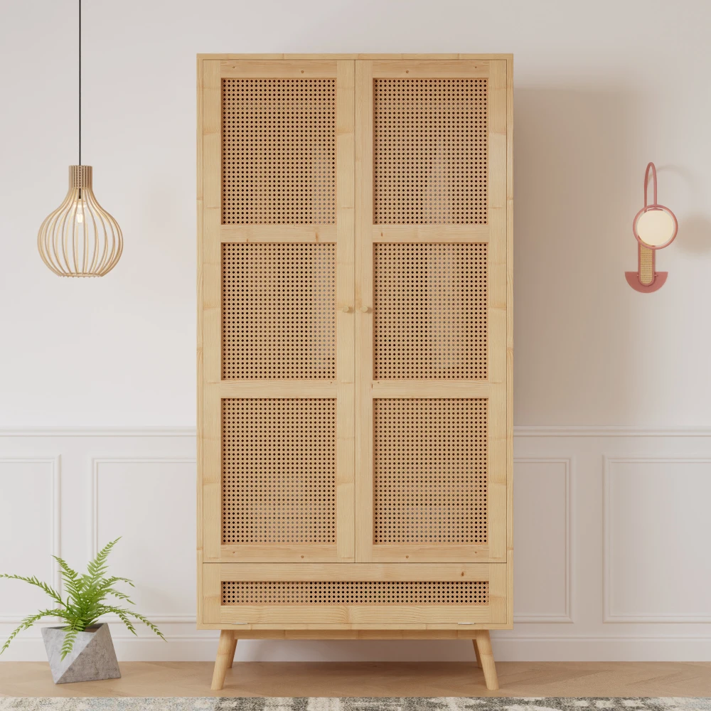 PINGGO Natürlicher 2-Türiger Kleiderschrank mit Kleiderstange, Rattan-Netz, Unteres Klappdeckel, Sperrholz PE-Rattan Schlafzimmer Wohnzimmer Schrank
