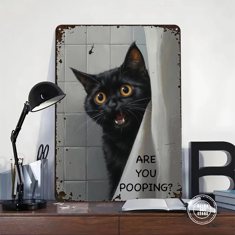 Surprised Black Cat in Bathroom Toilet Printing Poster Customized Retro Wall Art Vintage Metal Signs for Mancave Office Decor