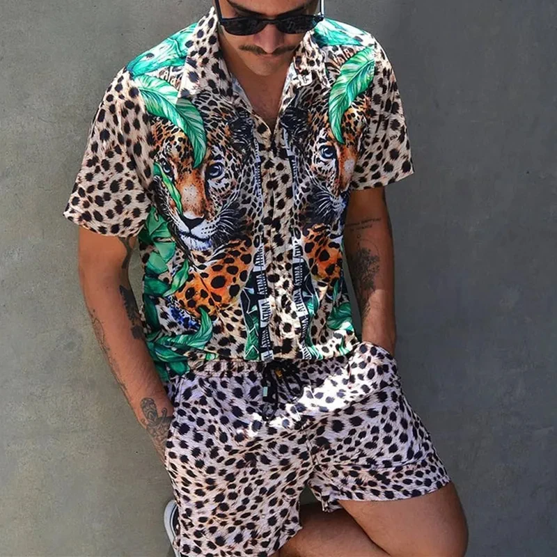 2025 Summer Men's Fashion Leopard Print Short Sleeve Hawaiian Shirt Set Beach Style T Shirt Breathable Shorts 2 Piece Set - Image 2