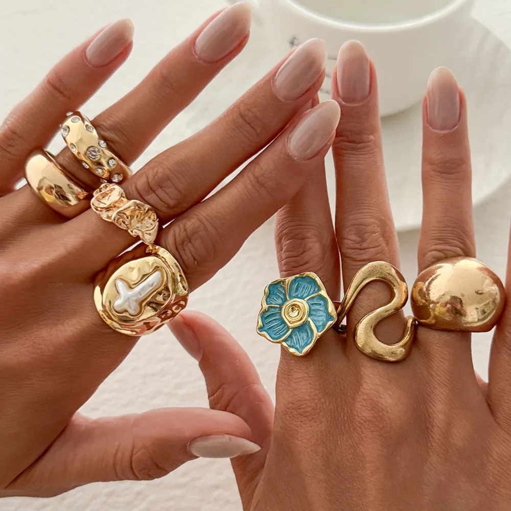 Ingemark 8Pcs Boho Drip Oil Blue Flower Gold Color Open Rings Set for Women Vintage Stacked Geometric Adjustable Chunky Rings