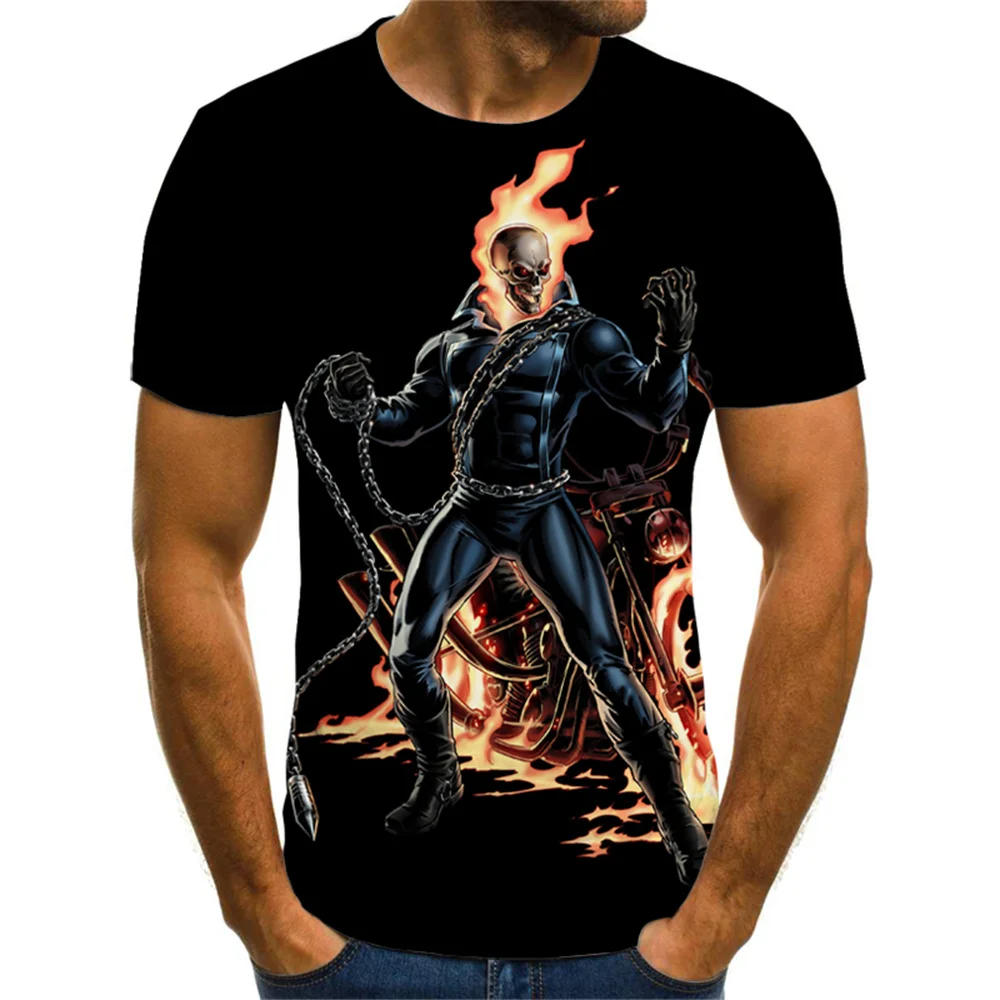 

Mens Skull T shirts Fashion Summer Short Sleeve Ghost Rider Cool T-shirt 3D Skull Print Tops Rock Fire Skull Tshirt Men 2024 y2k