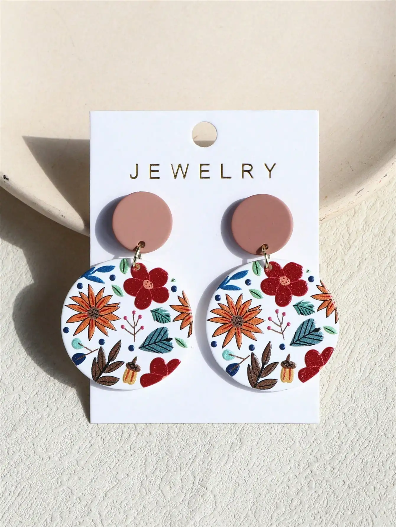 

Floral Print Acrylic Drop Earrings for Women, Cute Round Dangle with Autumn Leaves & Flowers Design
