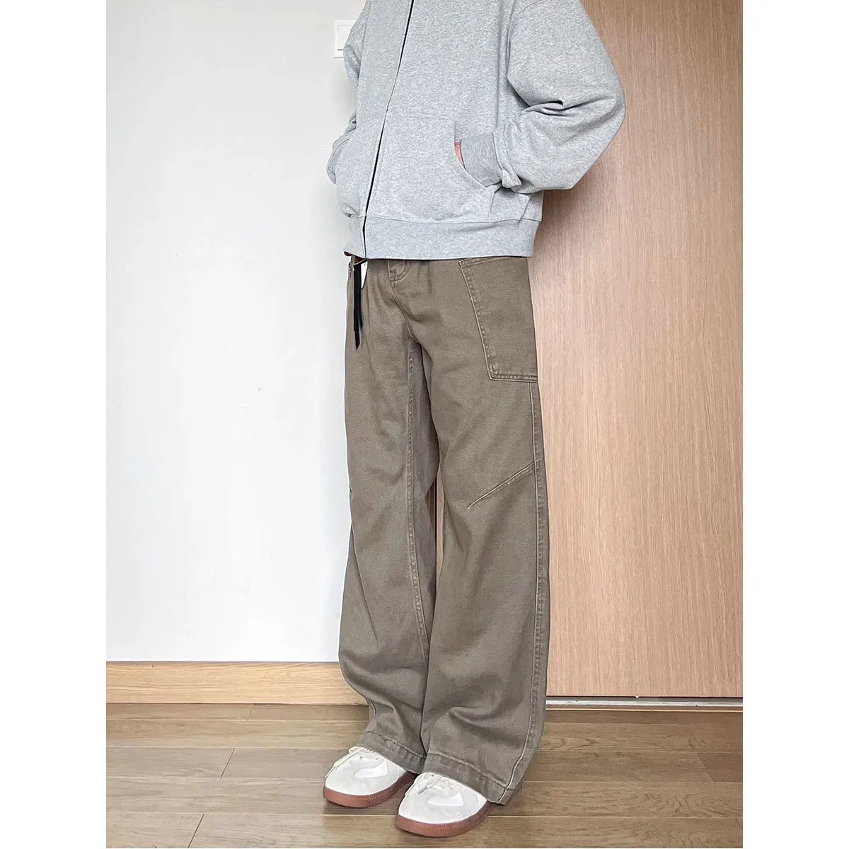 Cargo Pant Men Jeans Wide Leg Denim Pants Floor Length Loose Casual  Splice Button Pocket Solid Straight Trousers Autumn Winter