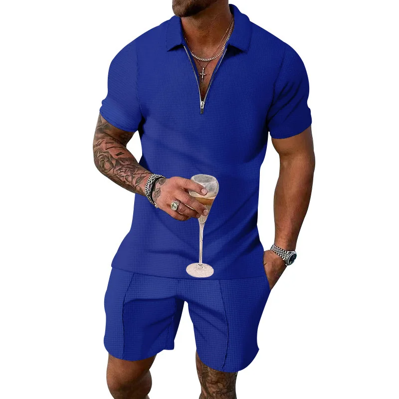 Summer Men's Fashion Light Mature Casual Solid Waffle POLO Shirt Half Zip Short Sleeve Shorts Set Men's Business Office Set