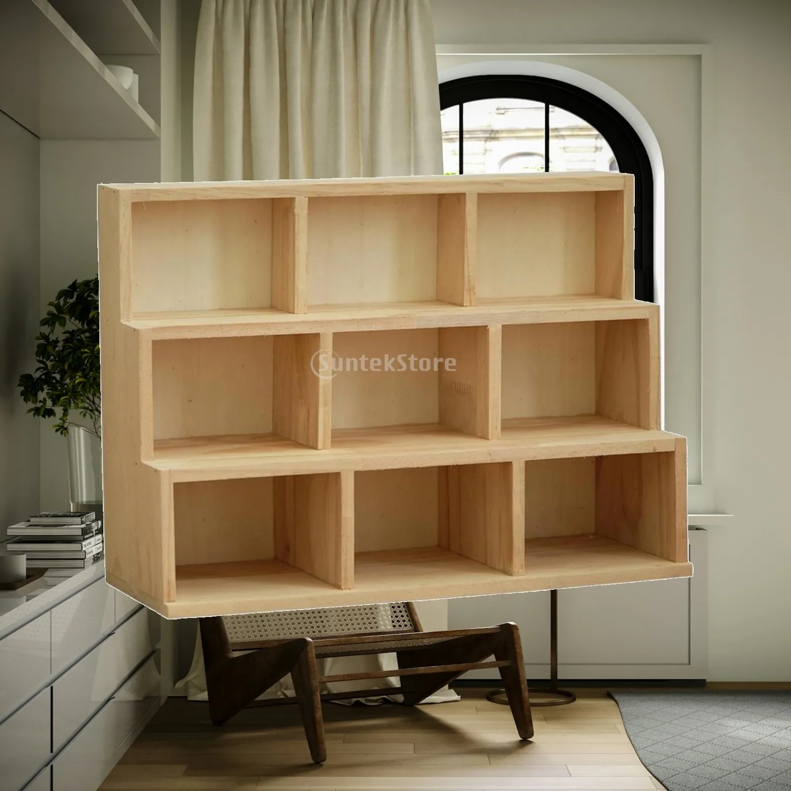 Pine Wood Wall Shelf 9 Pocket Desk Storage Cabinet for Office Supplies and Pen Organizer Rack