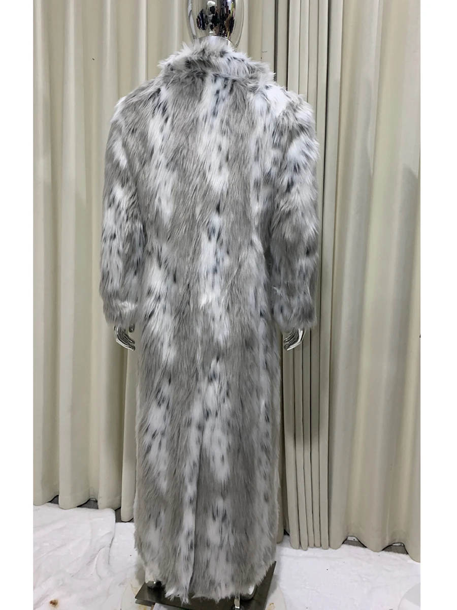 Autumn Winter Extra Long Fitted Colorful Leopard Print Thick Warm Faux Fur Coat Men Single Breasted Luxury Fluffy Overcoat 2025