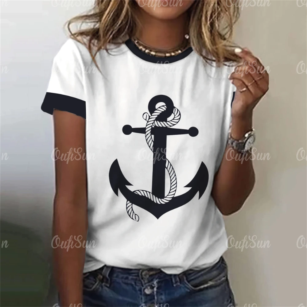 Women\'s T Shirt Ship Anchor Print Summer Casual Short Sleeve 3d T Shirts Streetwear O Neck Pullover Oversized Female Clothing