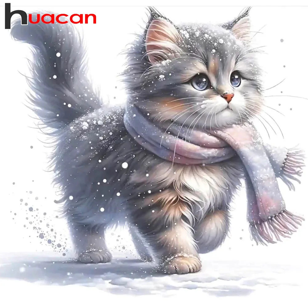 Huacan Vollquadrat Rundes Diamantgemälde Katze Schnee Landschaft Diamant Mosaik Tier Neues 2025, Bastelset