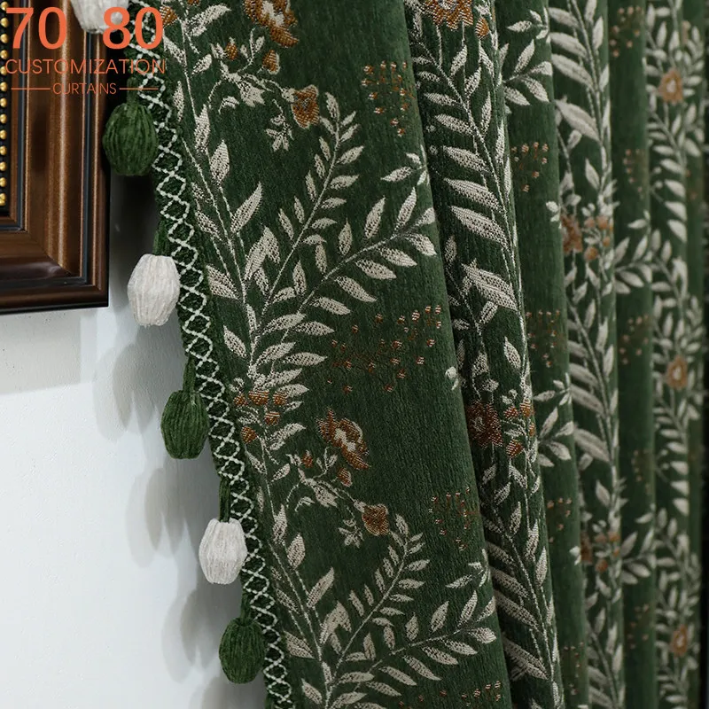 Green Plant Printing Thickened Chenille Shading Curtains for Living Room French Window Balcony Customized Finished Partition