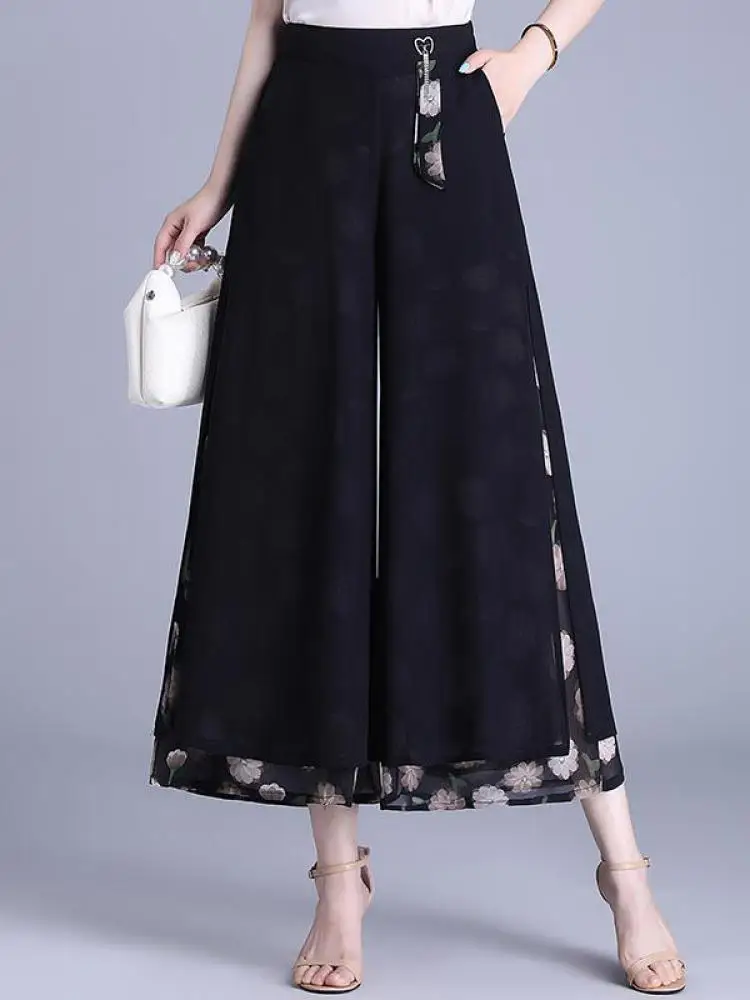 

Summer Vintage Fashion New Black Print High Waisted Women Elegant Loose Wide Leg Ankle-length Pants Korean Oversized Streetwear
