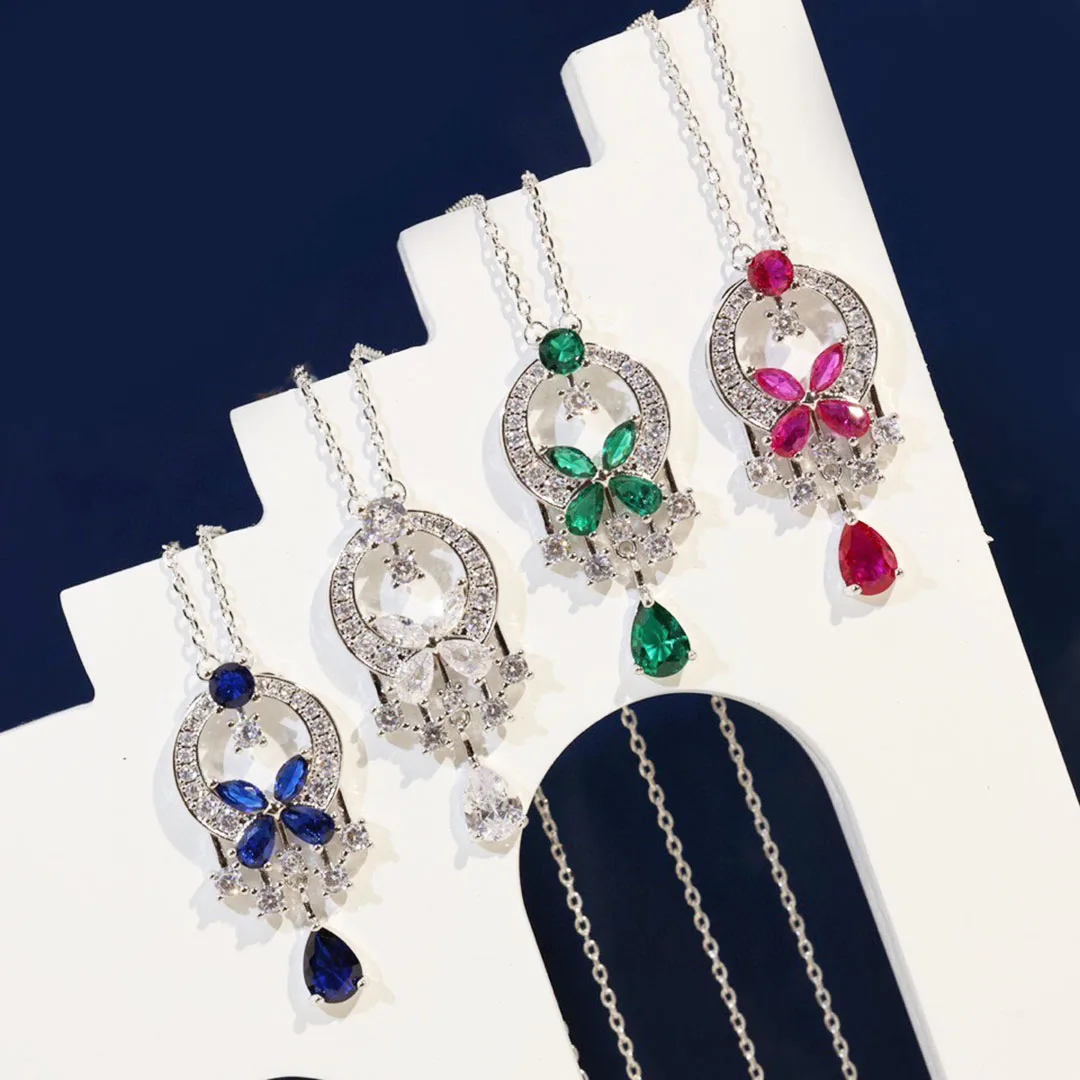 

Luxury Style Jewelry S925 Pure Silver women's new color red, Blue, green Water Droplet Zircon Butterfly Necklace Birthday Gift