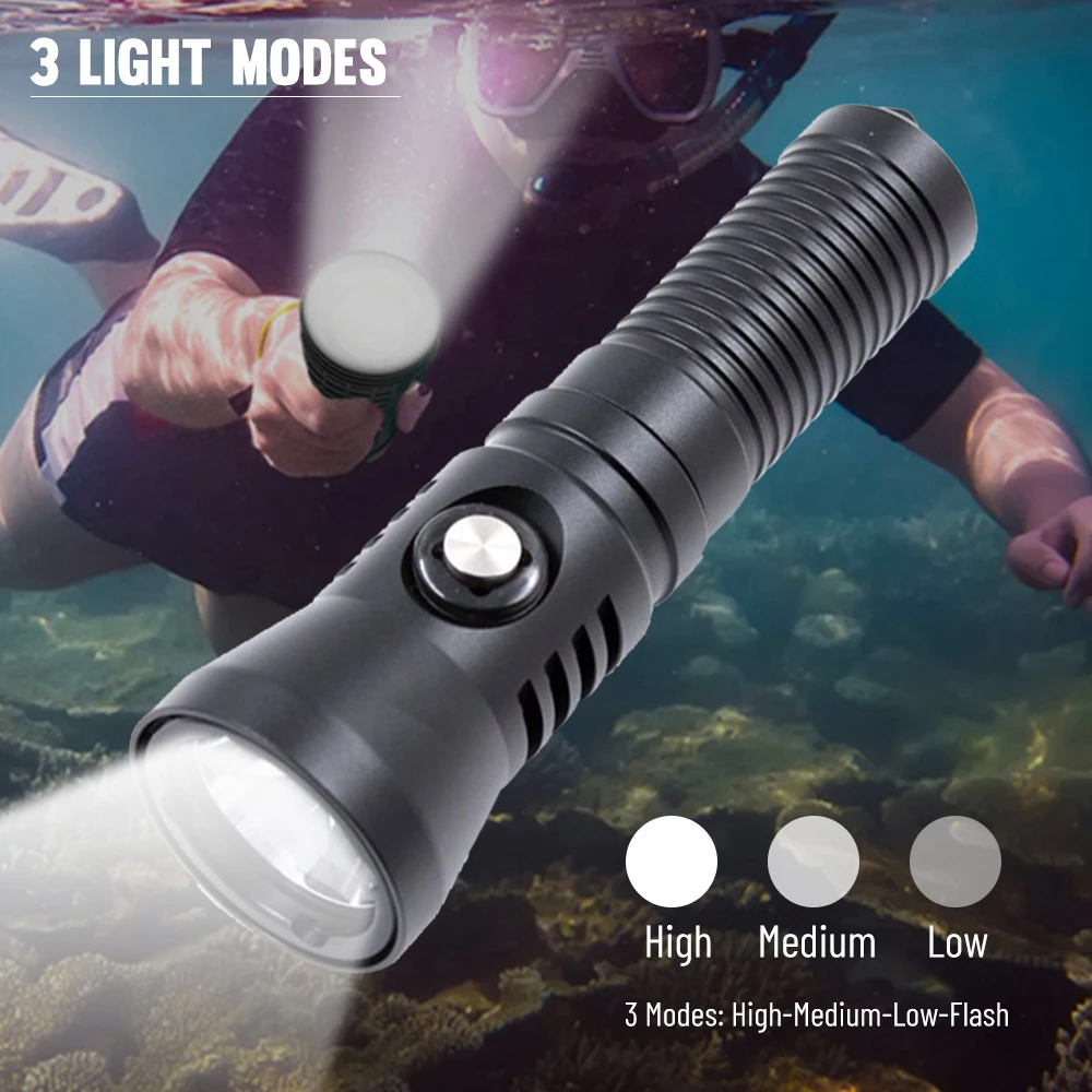 Asafee LED Scuba Diving Flashlight Waterproof Canister Lightweight Torch 100M Underwater Lamp Spotlight Deep Lantern Outdoor