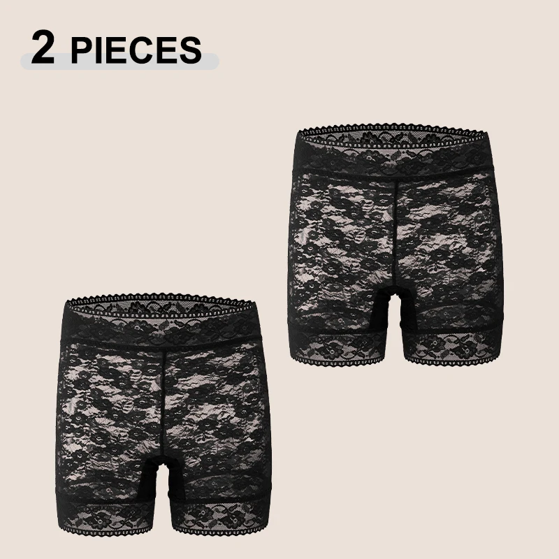 2 Stück/Set einfarbige Spitzen-Boyshorts für Frauen, sexy, floral, hohe Taille, transparente Unterhose, weiche, atmungsaktive Boxershorts für Damen.