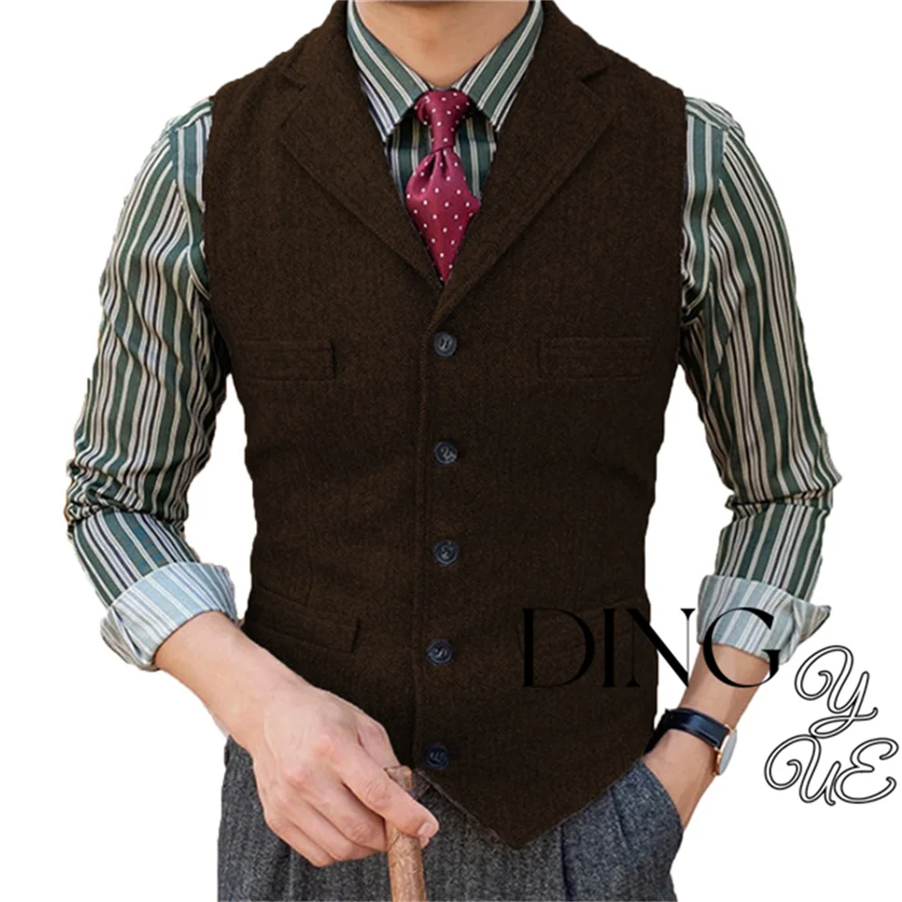 Herringbone Men's Suit Vest V Neck 5 buttons Woolen Mens Vests Waistcoat Jacket 3 Pockets Casual Formal Business chaleco hombre