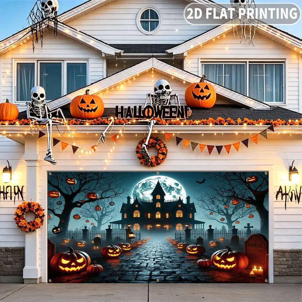 1pc 2D FLAT Halloween Party Garage Banner, Halloween Mansion Moonlit Pumpkin Pathway Scene Pattern, No Power Need, for Garage Do