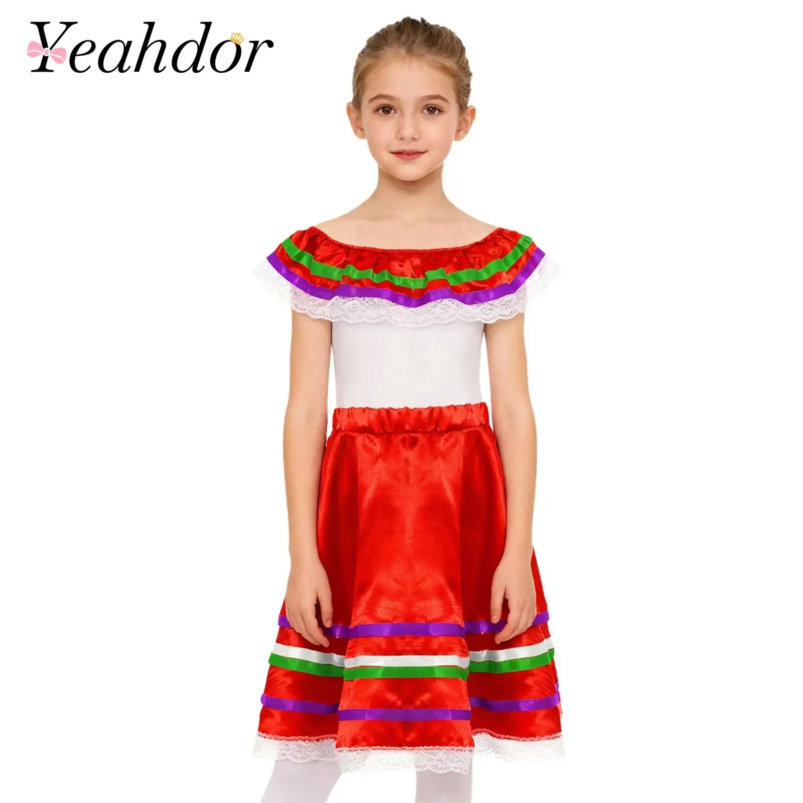Kids Girls Colorful Mexican Traditional Dress Festival Dance Costume Top + Skirt Set for Mexico Themed Carnival Party Outfit