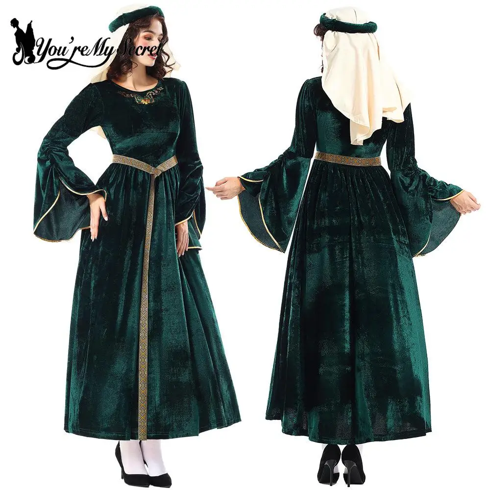 [You're My Secret] Women Medieval Costume Halloween Court Ball Flared Sleeve Princess Dress Cosplay Stage Performance Costume