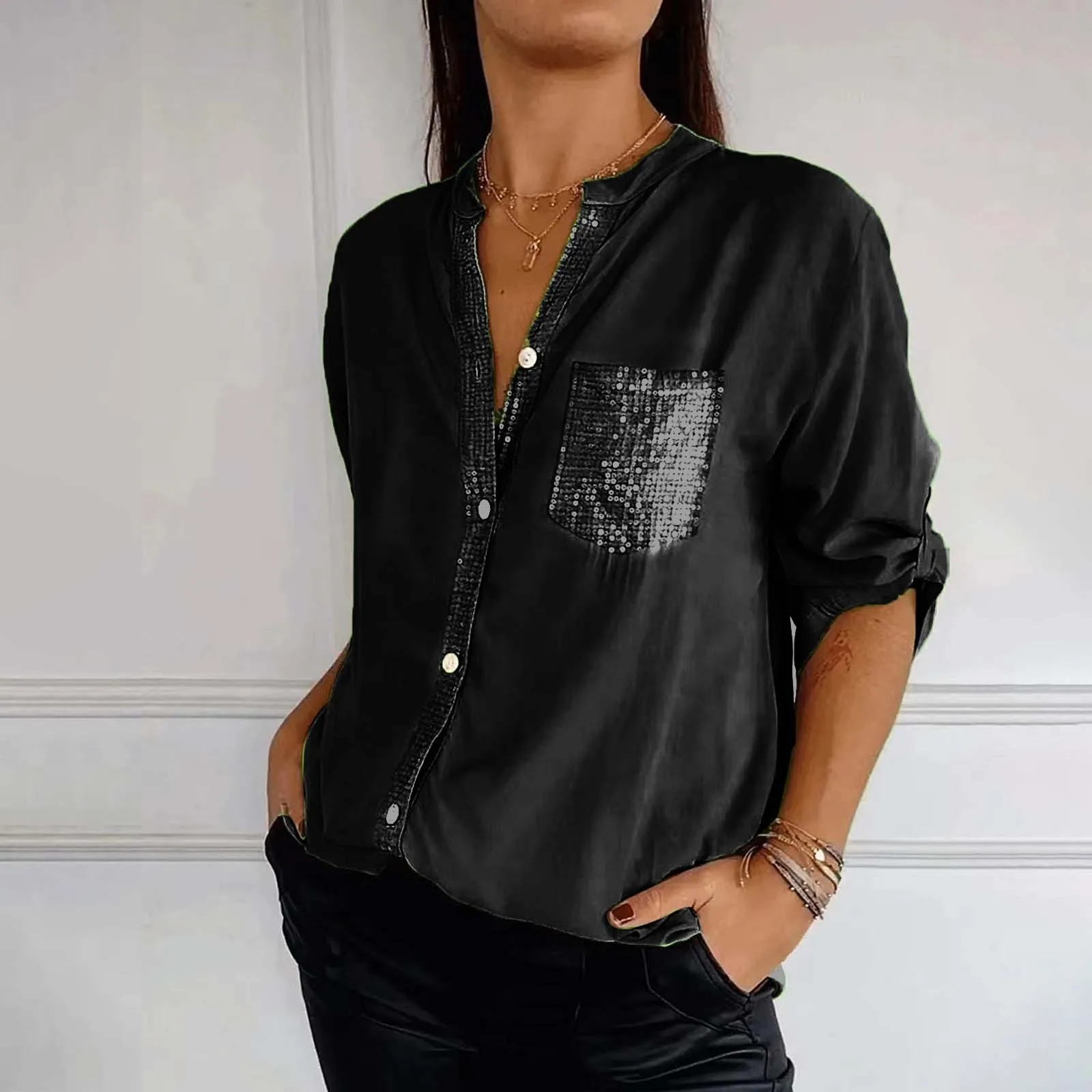 Women\'S Casual V Neck Collared Button Up Blouse Top Sequin Button-Front Pocket Solid Summer Shirt Large Size Comfy Cutton S-5xl