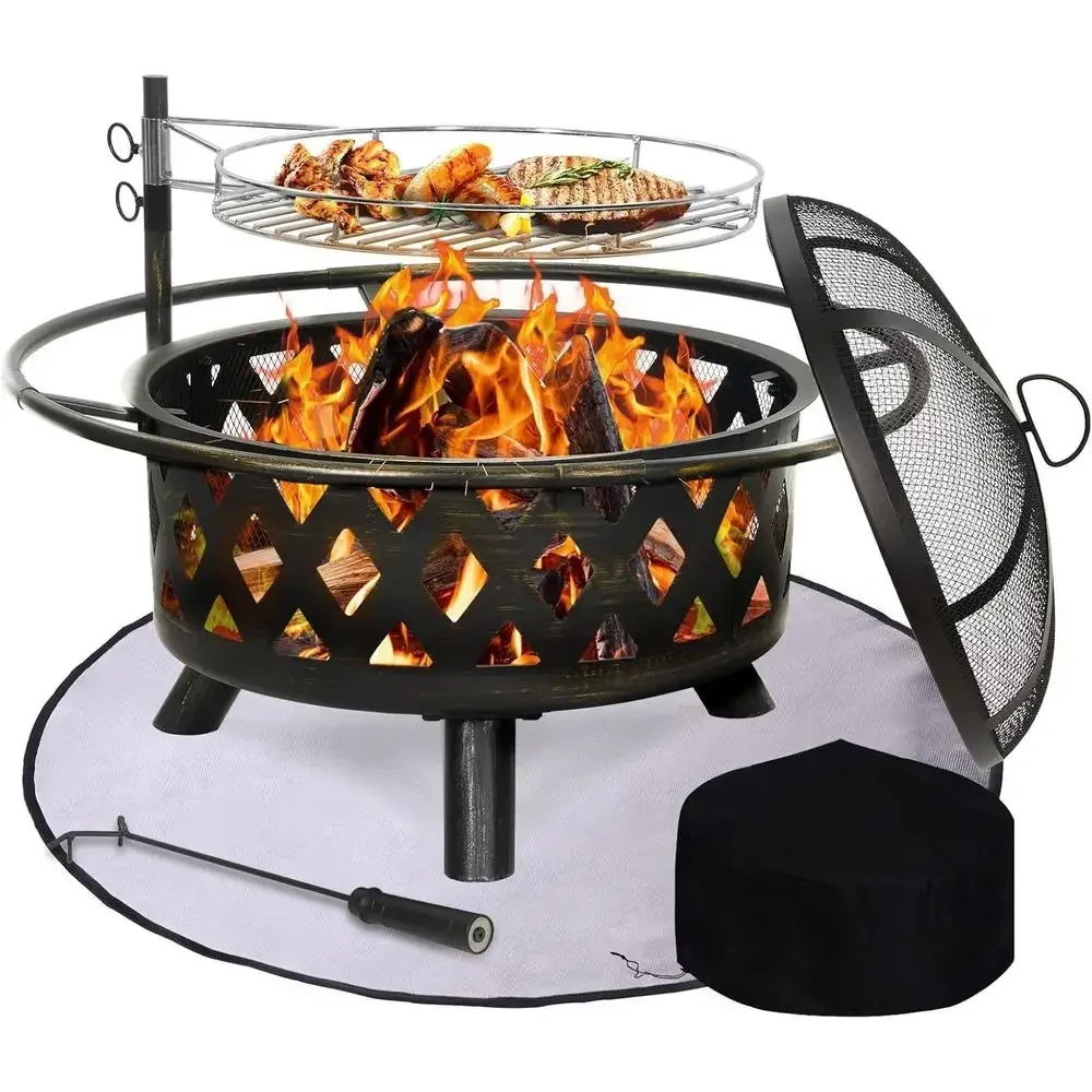 30 Inch Outdoor Fire Pit with Grill, Mat, Spark Screen, and Cooking Grate - Ideal for Patio, Backyard, and Garden