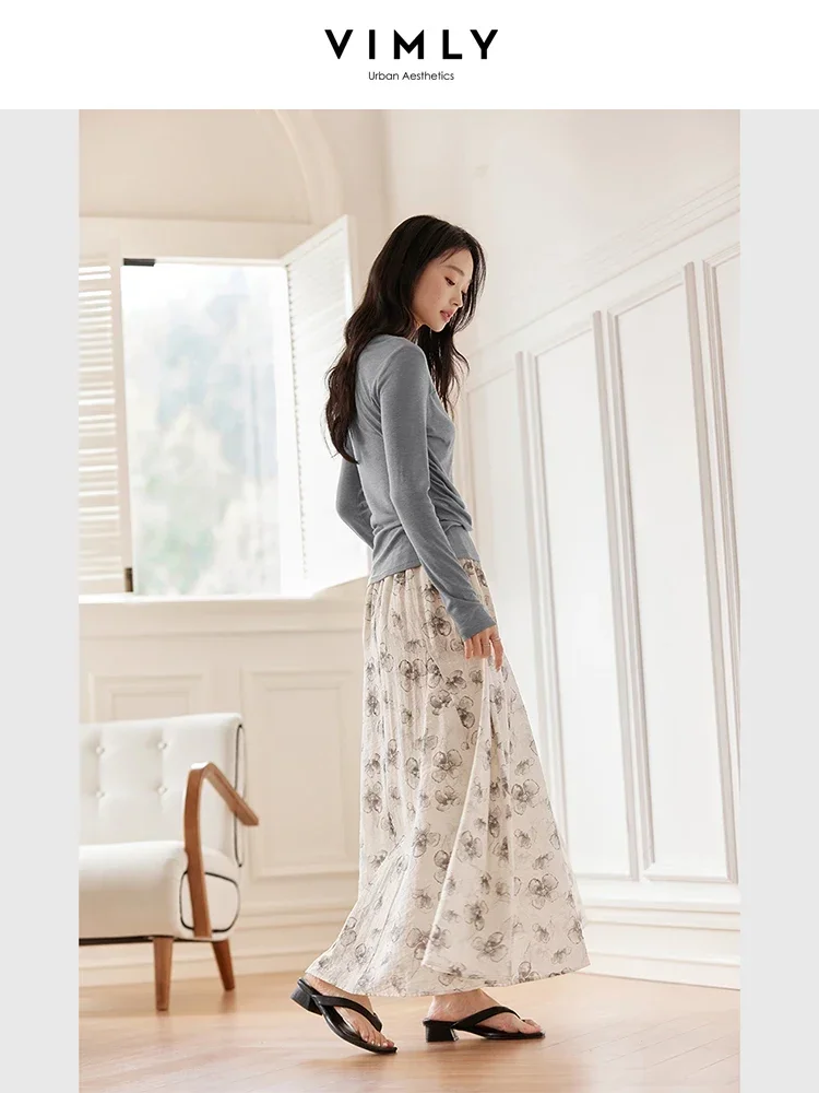 VIMLY Gonna lunga da donna con stampa floreale 2025 Autunno Elegante Office Lady Moda allentata Semplice Casual Elastico in vita Gonna a trapezio A0390