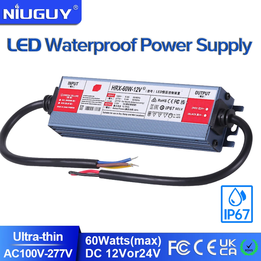 IP67 waterproof power supply 60W DC 12V 5A 24V 2.5 Outdoor transformer AC100-277V LED power supply driver