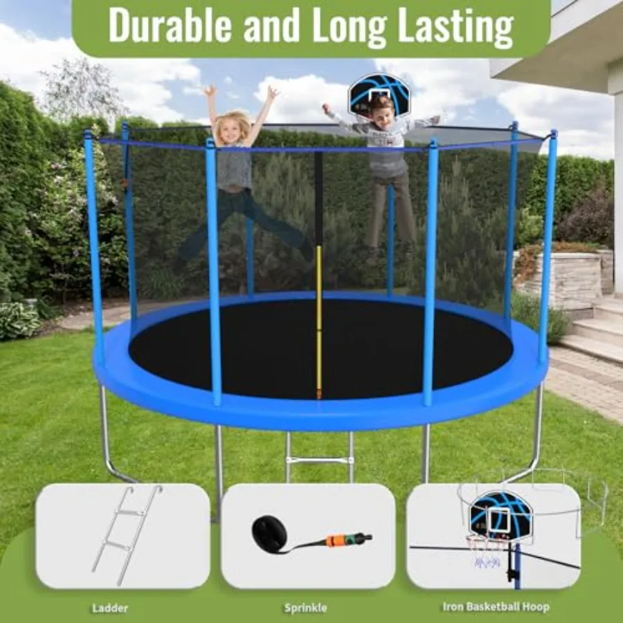 Outdoor trampoline for kids and adults: 10FT/12FT/14FT blue steel frame anti-rust coating ASTM approved includes basketball hoo