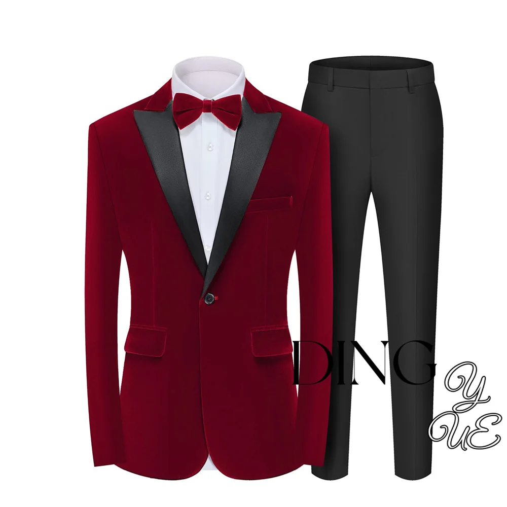 

Men's 2 Piece Velvet Suit Peak Lapel One Button Slim Fit Blazer Jacket Pants Male Suits Outfits Set Casual Wedding Groom Tuxedo