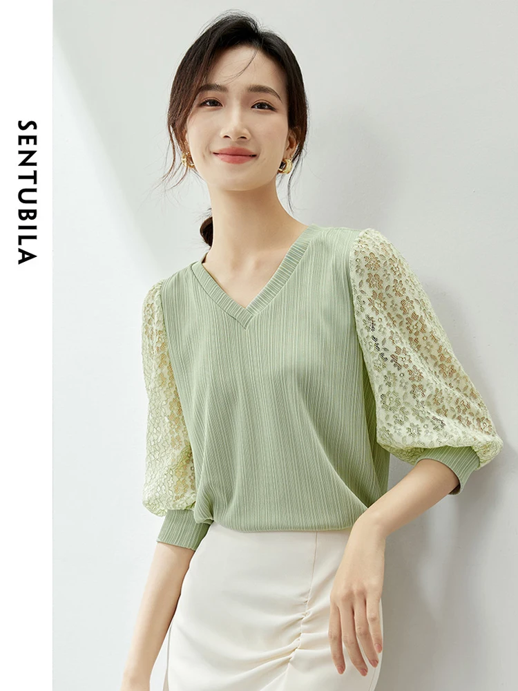 

SENTUBILA Summer Knitted Tops for Women 2024 Spring Summer Lace Three Quarter Sleeve V Neck Elegant Knit Tshirts Ladies Shirts