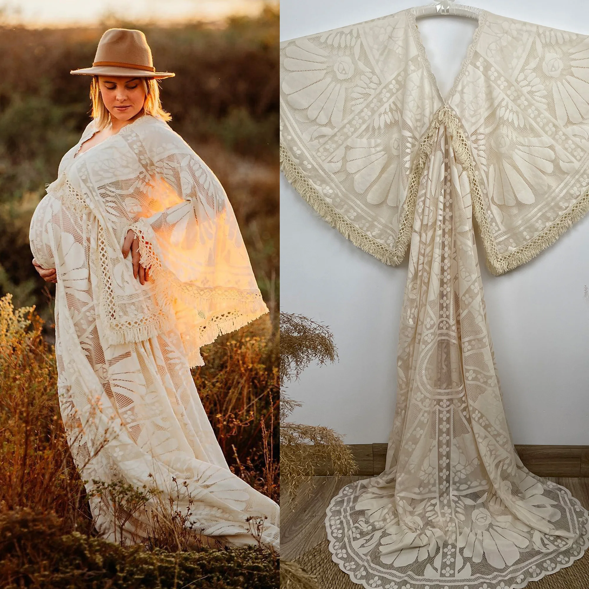 

Don&Judy Boho Lace Maternity Wedding Dress Rustic Bridal Gown Fringe Sleeves Floor-length Vestidos De Noiva Plus Size Pregnancy