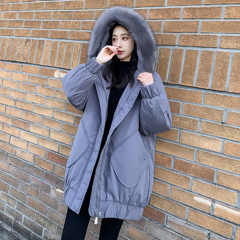 

Новинка 2025, женское зимнее пуховое пальто с хлопковой подкладкой, свободный крой для похудения, большие размеры, утолщенное длинное средней длины с большим меховым воротником
