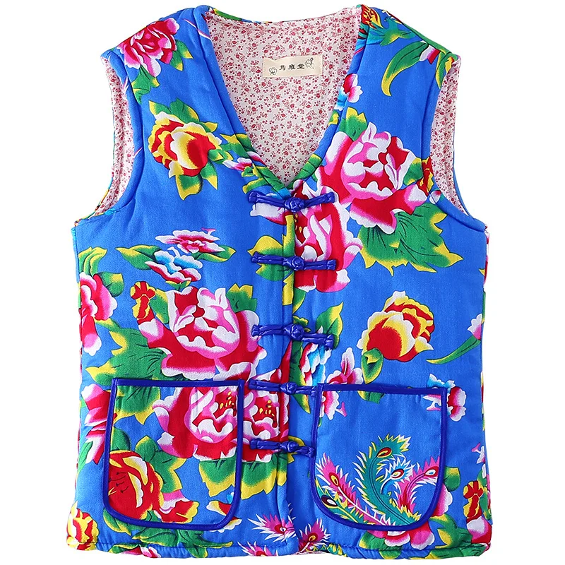 

Осенне-зимний утолщенный теплый жилет для взрослых, тонкая хлопковая одежда, жилет в этническом стиле, северо-восточный тканевый жилет с большим цветком, шелковый хлопковый жилет