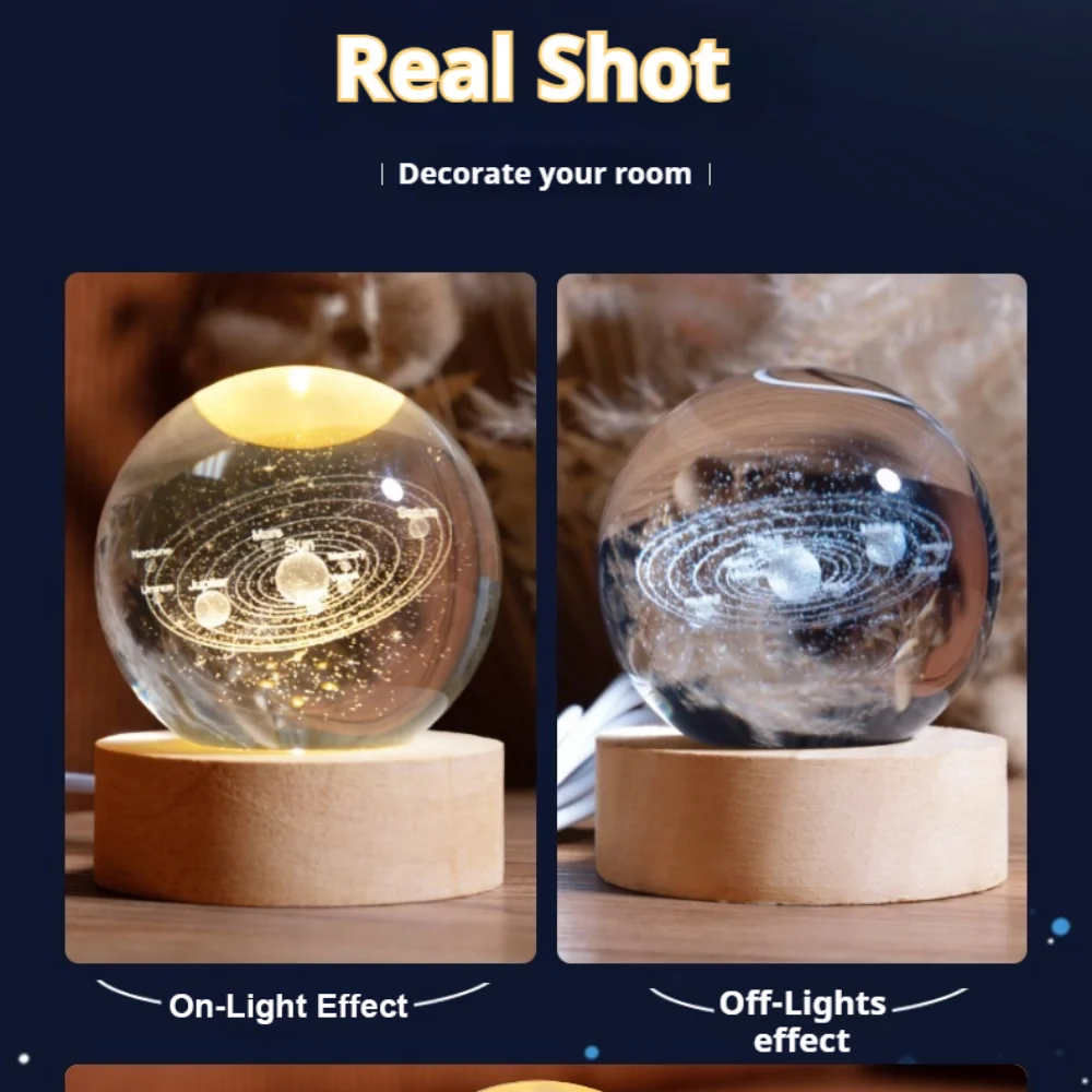 3D Crystal Ball Lamp with Galaxy and Planetary Projections LED USB Night Light for Home Cozy Atmosphere Lights Navidad Decor