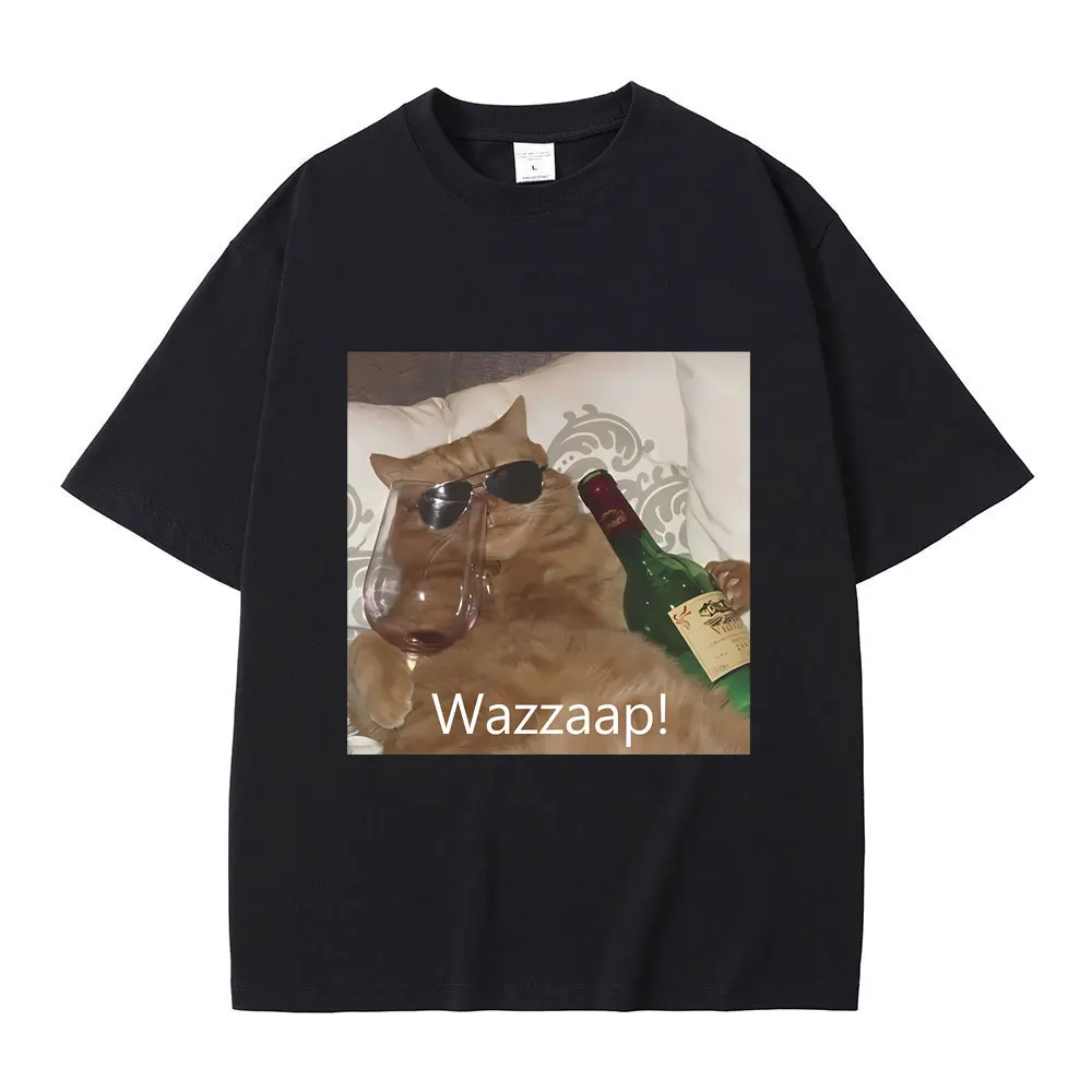 Drunk Cat Whazzaap Ironic Funny Meme T Shirt Men Women Humor Fashion Oversized T-shirts Mens Casual Cotton Tshirt Short Sleeve