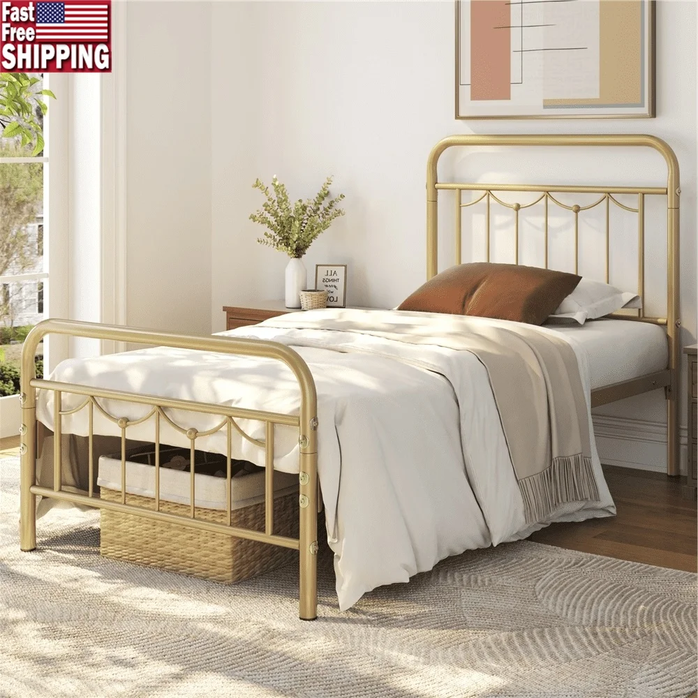 

Metal Platform Twin Bed Frame Vintage Headboard Antique Gold Steel Construction Under Bed Storage No Box Spring Required