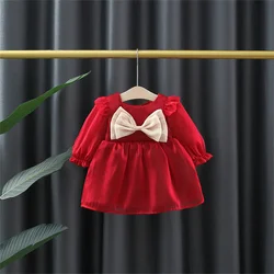 Children's Long sleeved Dress Spring and Autumn Season 0-3 Year Old Baby Christmas Solid Color Bow Princess Dress