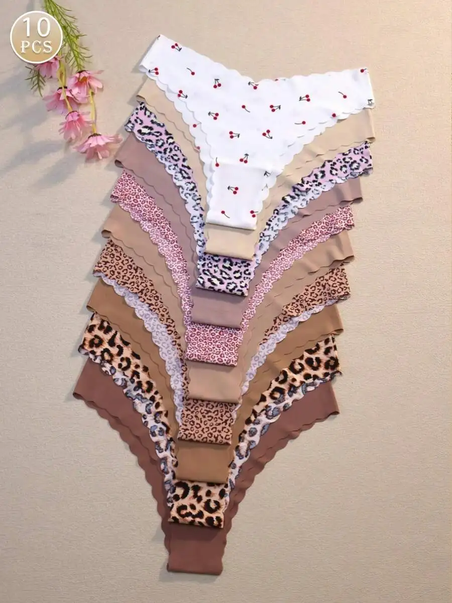 

10pcs Women Seamless Wavy Edge Breathable Comfortable Soft Fabric Sexy Triangle Panties