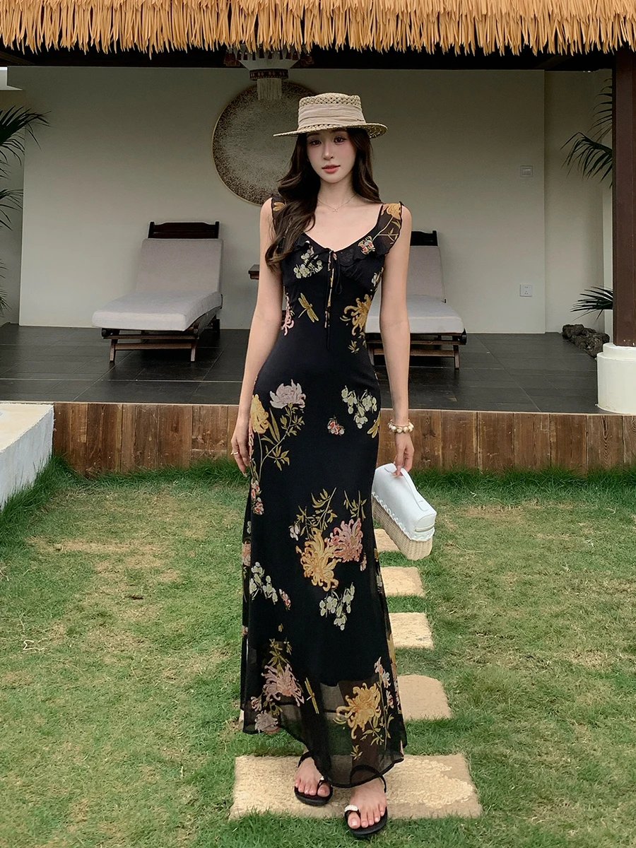 

Floral Print Halter Dress Women's Summer Slimming V-Neck Puffy Sleeve Mid-Length Wrap around Skirt Holiday Style Dress