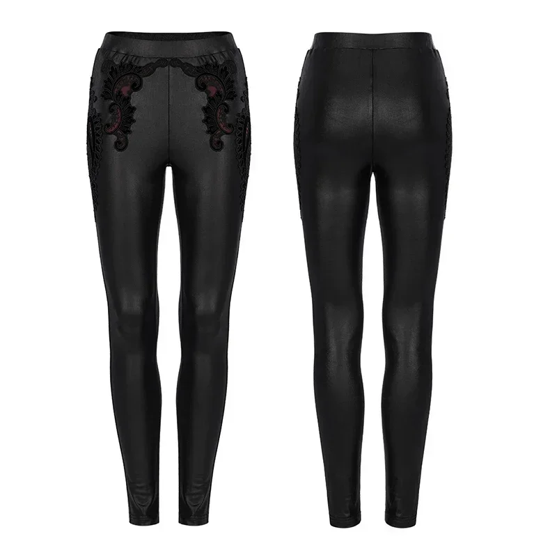 PUNK RAVE-Leggings gothiques exquises pour femmes, appliques élastiques, pantalons évidés sexy, pantalons simples et doux, noir et rouge, punk