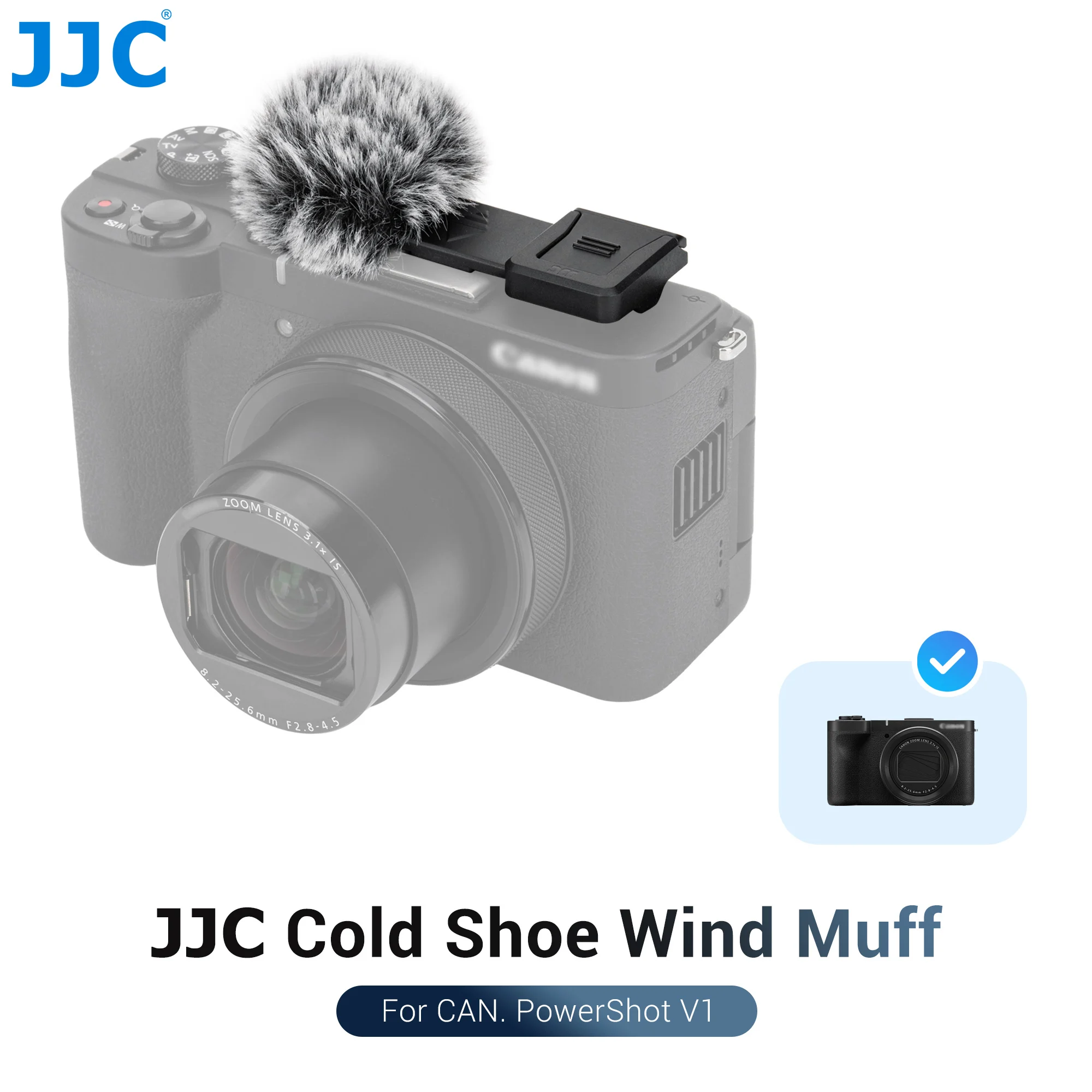 JJC Cold Shoe Adapter mit Windmuff Windschutzscheibe für Canon PowerShot V1 Wind Furry Noise-Reduction für leichtes Mikrofon