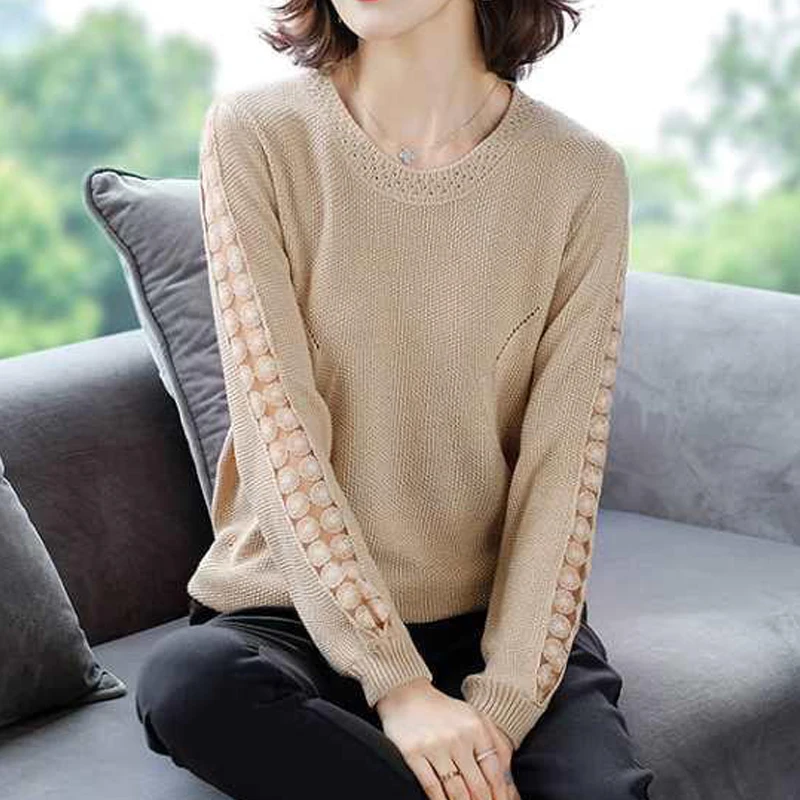 Women Trendy Hollow Lace Patchwork Elegant Knitwear Korean Solid O Neck Loose Pullover Tops Casual Long Sleeve All Match Sweater