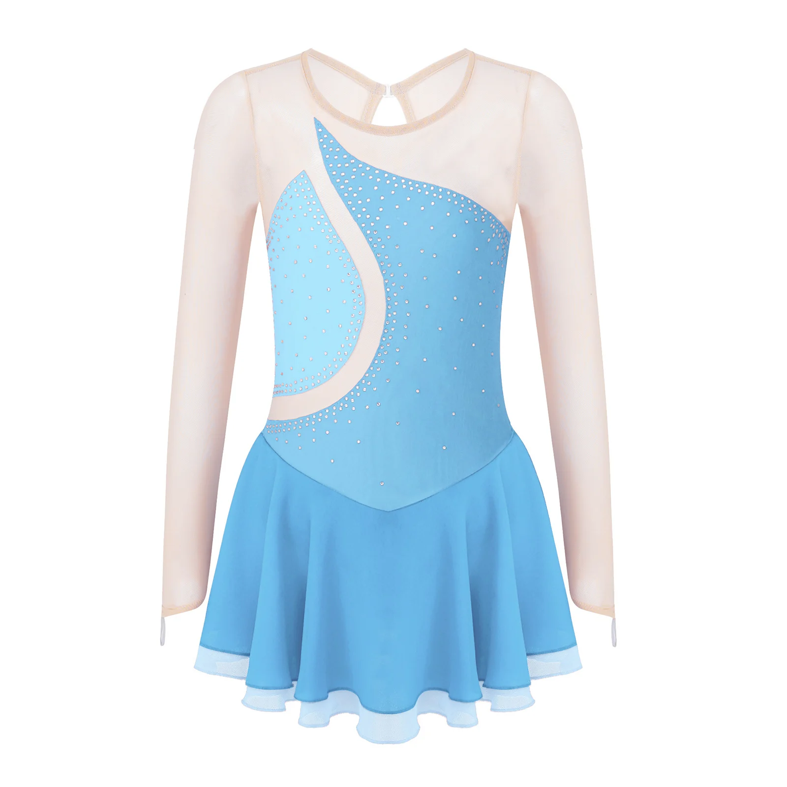 

TTAO Girls Glitter Long Sleeve Figure Ice Skating Dress Kids Rhinestone Mesh Splice Ballet Dance Leotard Gymnastic Tutu Skirted