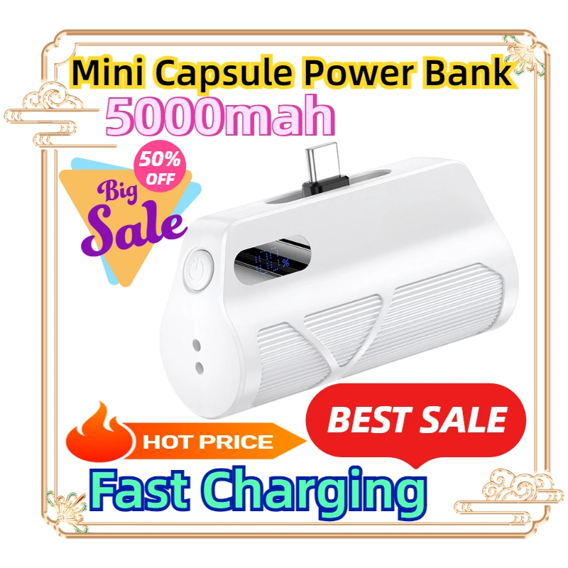 For IPhone 16 Mini Capsule Power Bank 5000mah Type-C Lighting Fast Charging Digital Display PowerBank External Battery