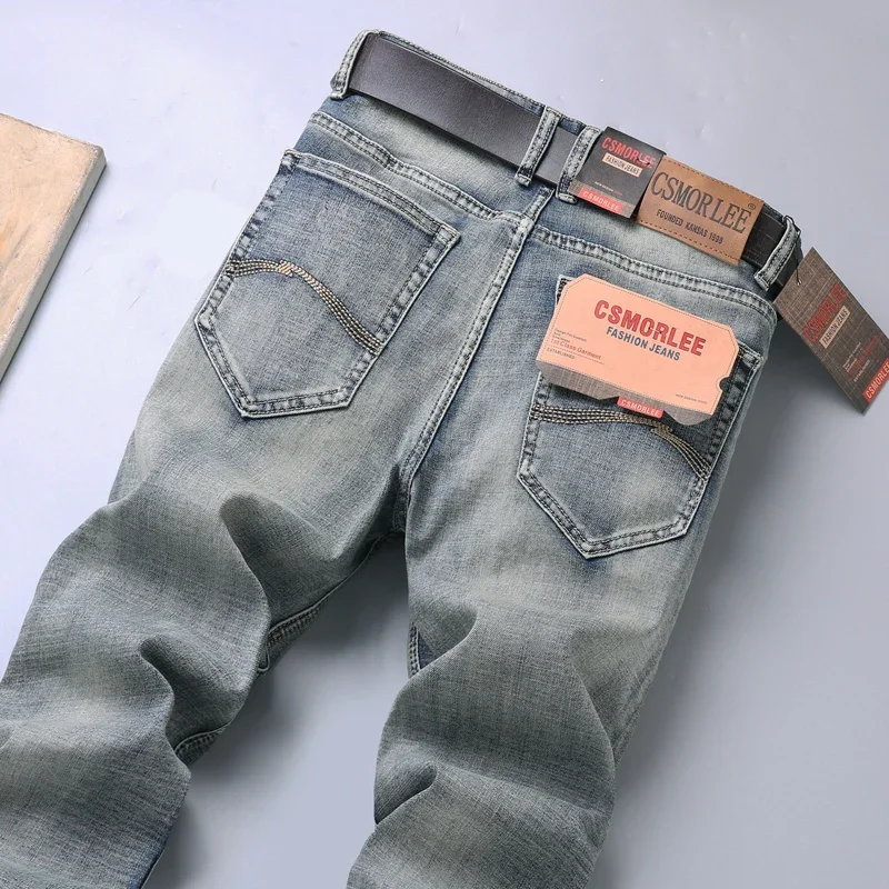Pantalones vaqueros de algodón elásticos Vintage para hombre, pantalones vaqueros de lavado informales a la moda, rectos y ajustados, pantalones masculinos de alta calidad