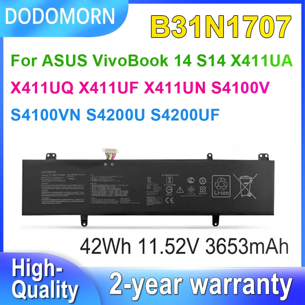 DODOMORN B31N1707 For ASUS VivoBook 14 S14 X411UA X411UQ X411UF X411UN S4100V S4100VN S4200U S4200UF Laptop Battery 11.52V 42Wh