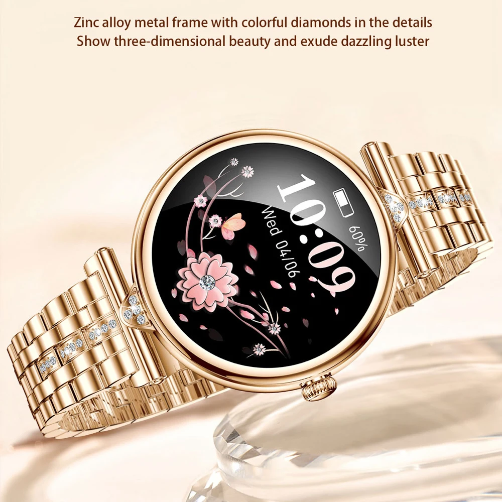 سيدة ساعة ذكية 1.28 "AMOLED شاشة بلوتوث دعوة معدل ضربات القلب الصحة المرأة ساعة اليد الفتيات الرياضة اللياقة البدنية الموسيقى Smartwatch