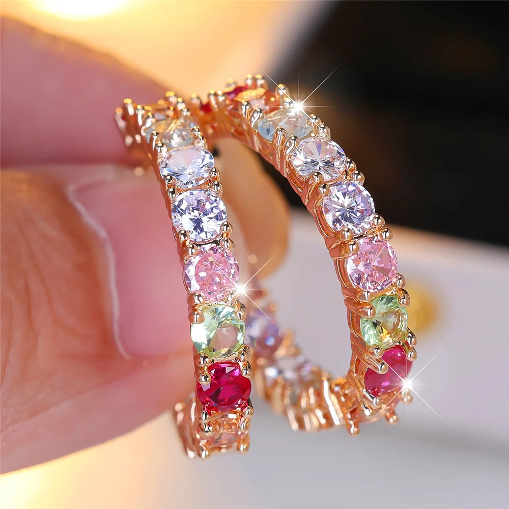 Crystal Pink Red Rainbow Zircon Stone Round Hoop Earrings Luxury Female Gold Color Wedding Jewelry For Women