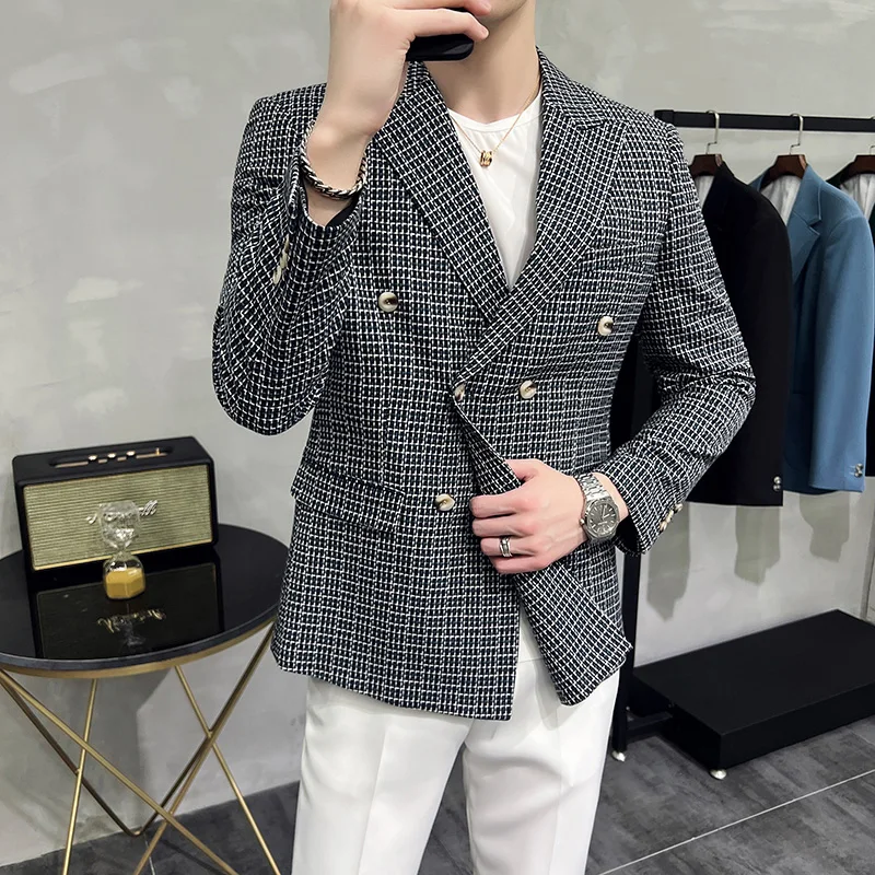 

2022 Men Plaid Double Breasted Blazer Classic New Solid Slim Fit Suit Jacket Formal Office Business Wedding Casual Blazers S-4XL